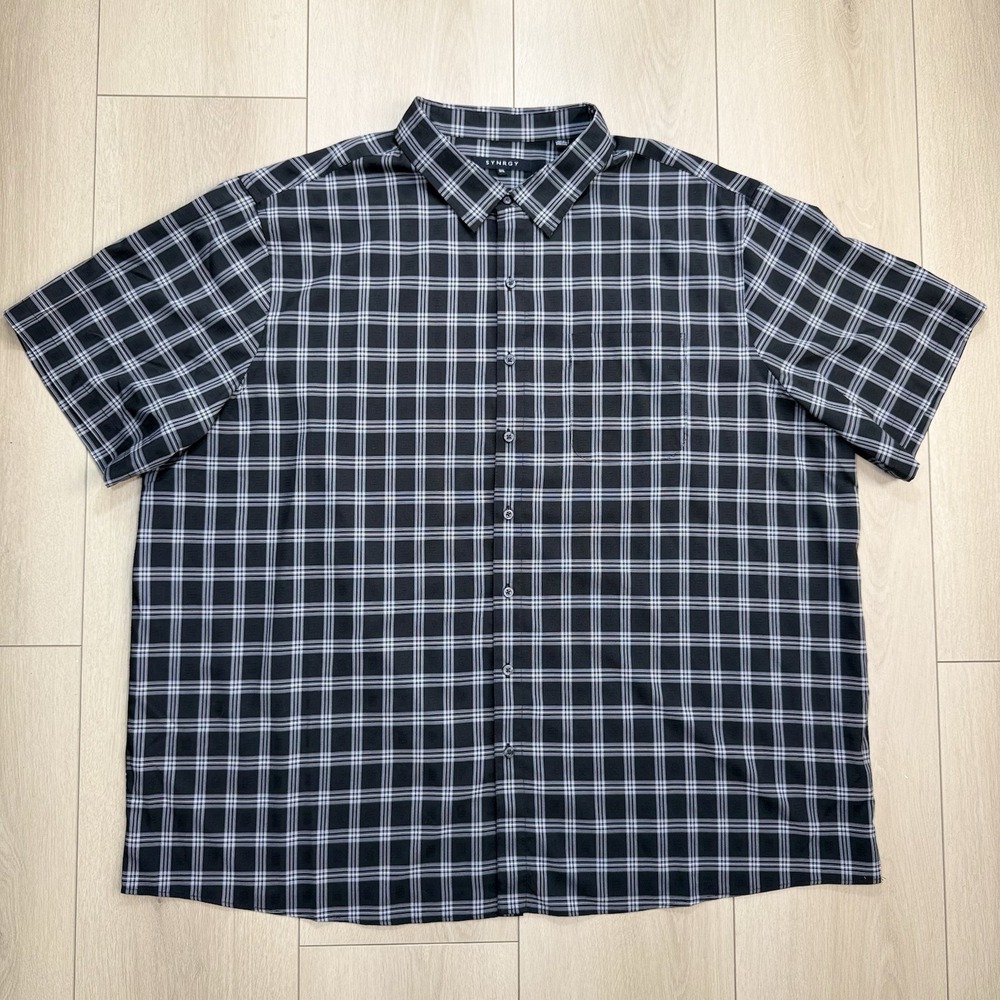 Synrgy Mens 3XL Black Plaid Button Up Shirt Short Sleeve Polyester Big Tall Tops